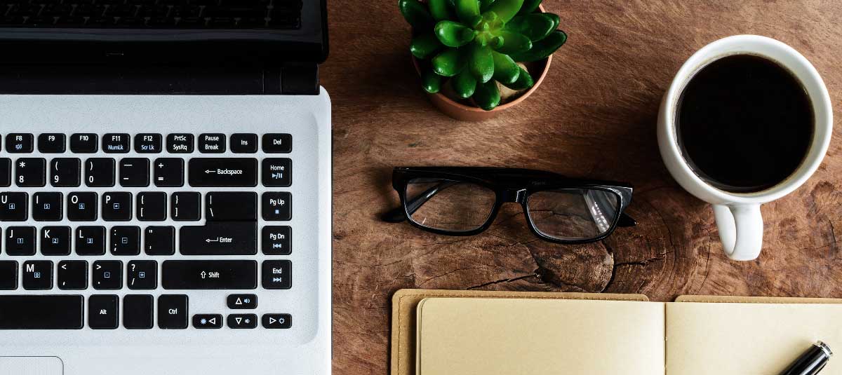 glasses, laptop, coffee, plant