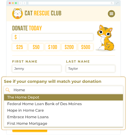 Example of employee donation match opportunity on donation form