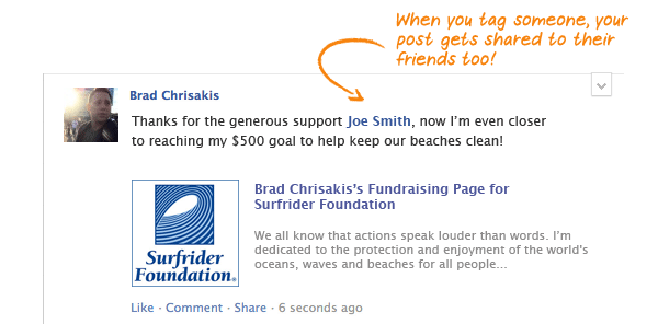 Image of person tagging and thanking donor in Facebook post for social fundraising