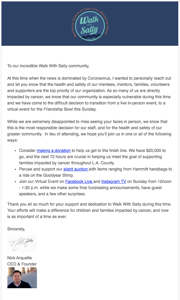 Walk with Sally email marketing during a pandemic